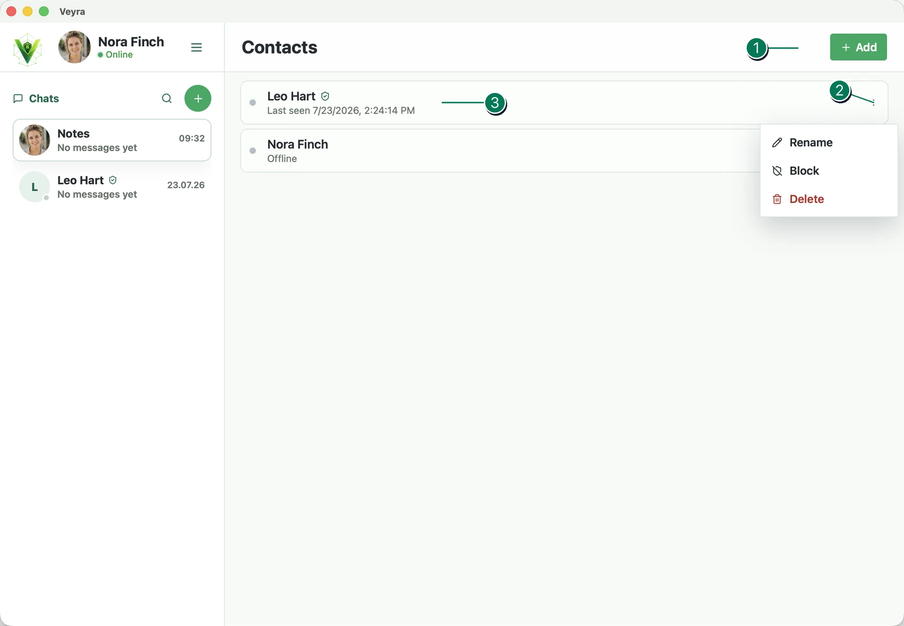 Veyra Contacts screen with numbered controls