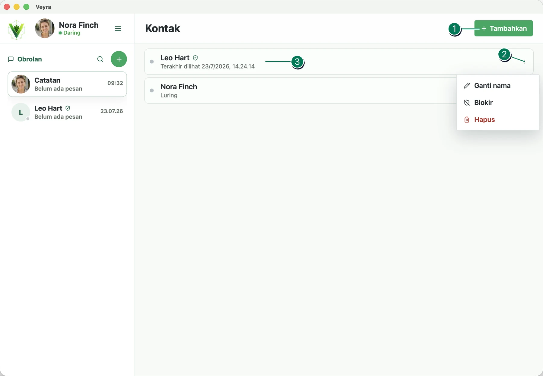 Halaman Kontak Veyra dengan kontrol bernomor