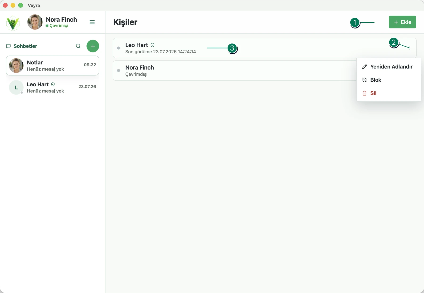 Numaralandırılmış denetimlerle Veyra Kişiler sayfası