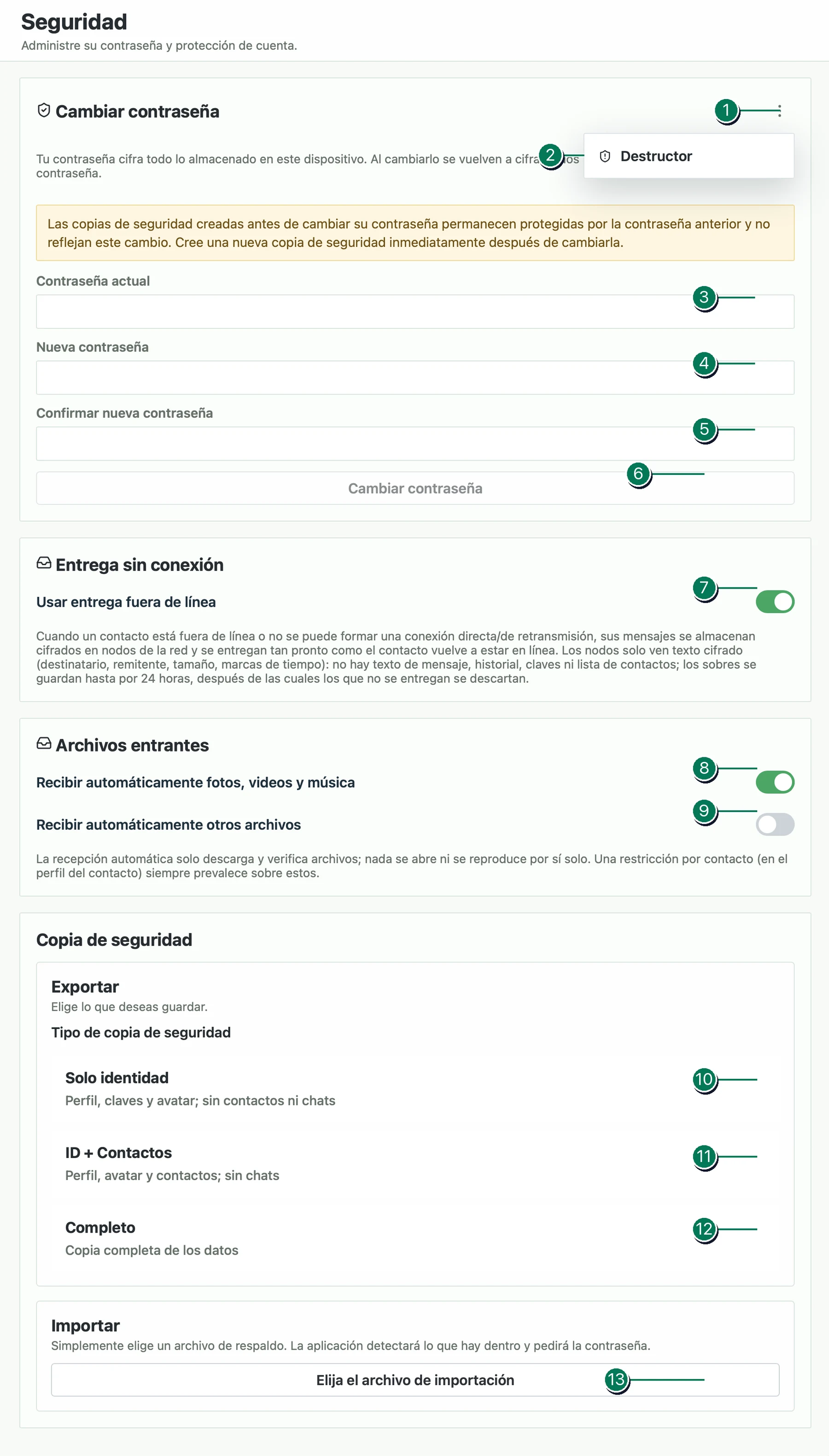 Configuración de seguridad de Veyra con elementos de control numerados