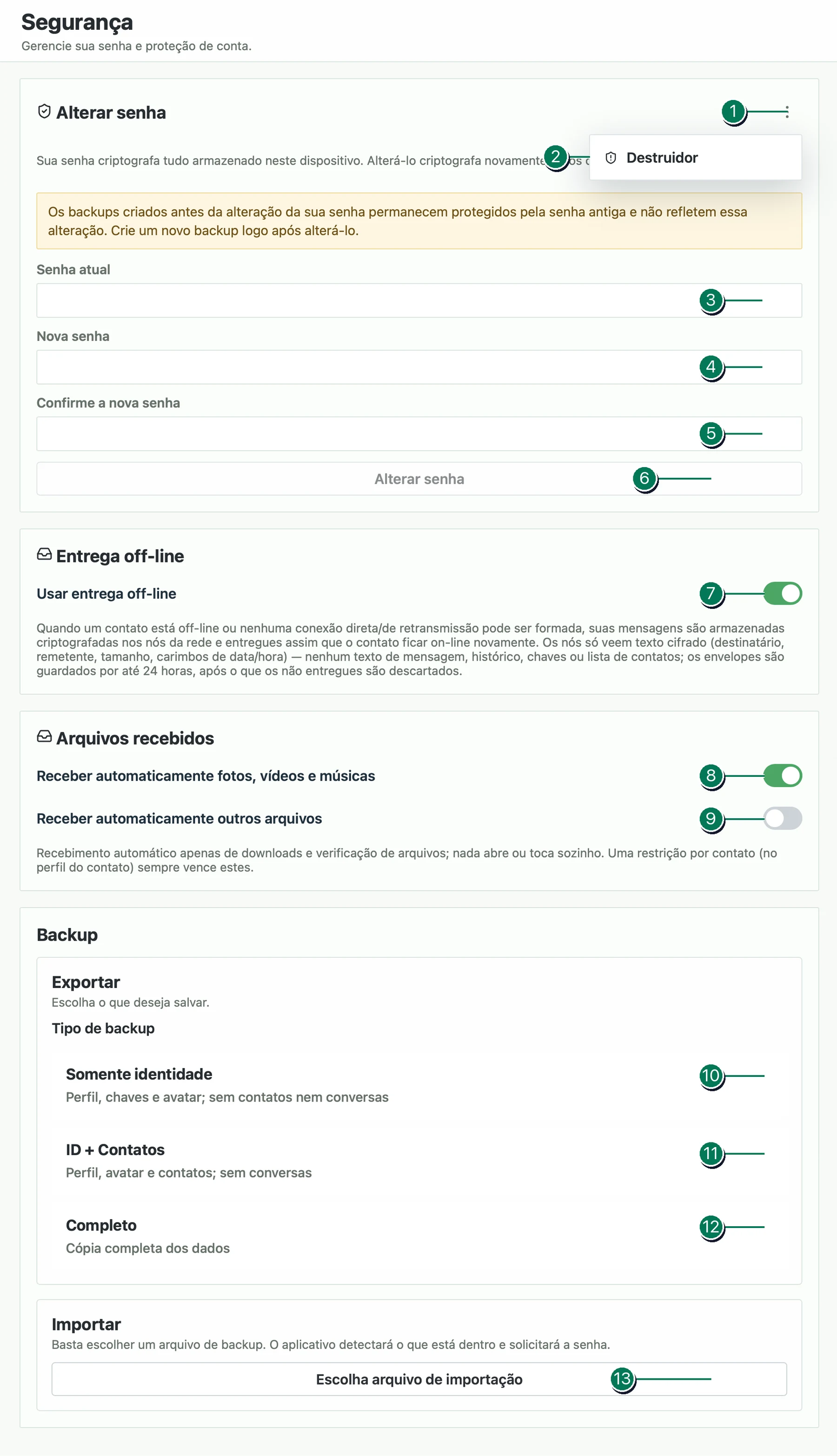 Configurações de segurança Veyra com controles numerados