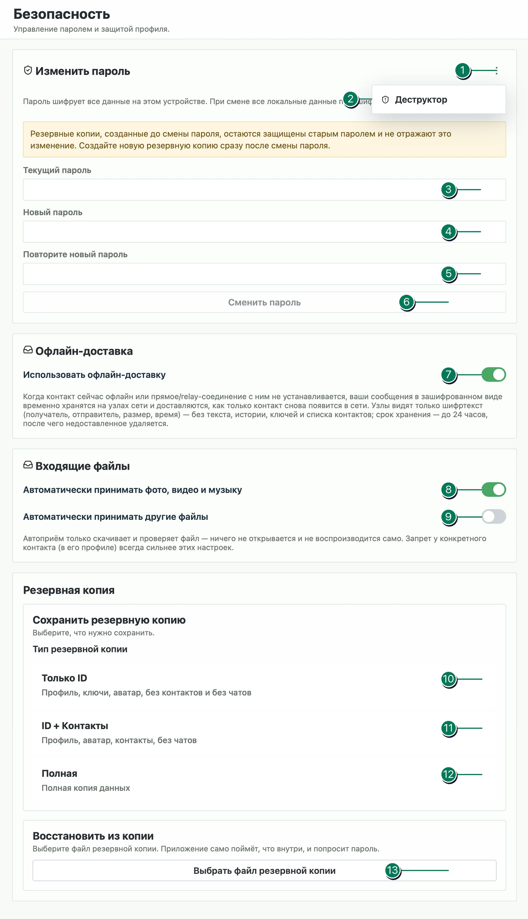 Настройки безопасности Veyra с пронумерованными элементами управления
