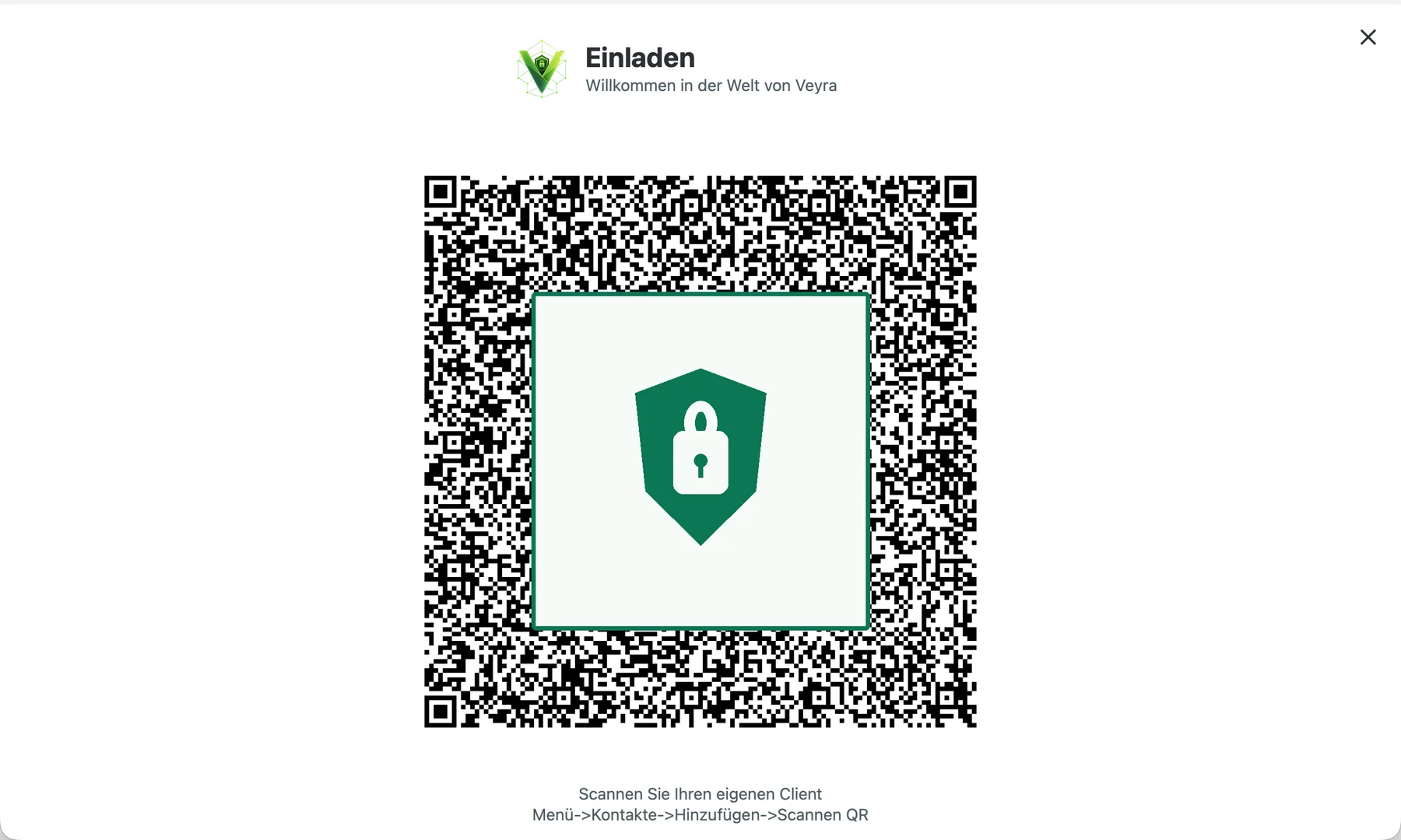 Veyra Vollbildschirm-Einladung in Form eines QR-Codes mit einem Schutzblock über dem Code