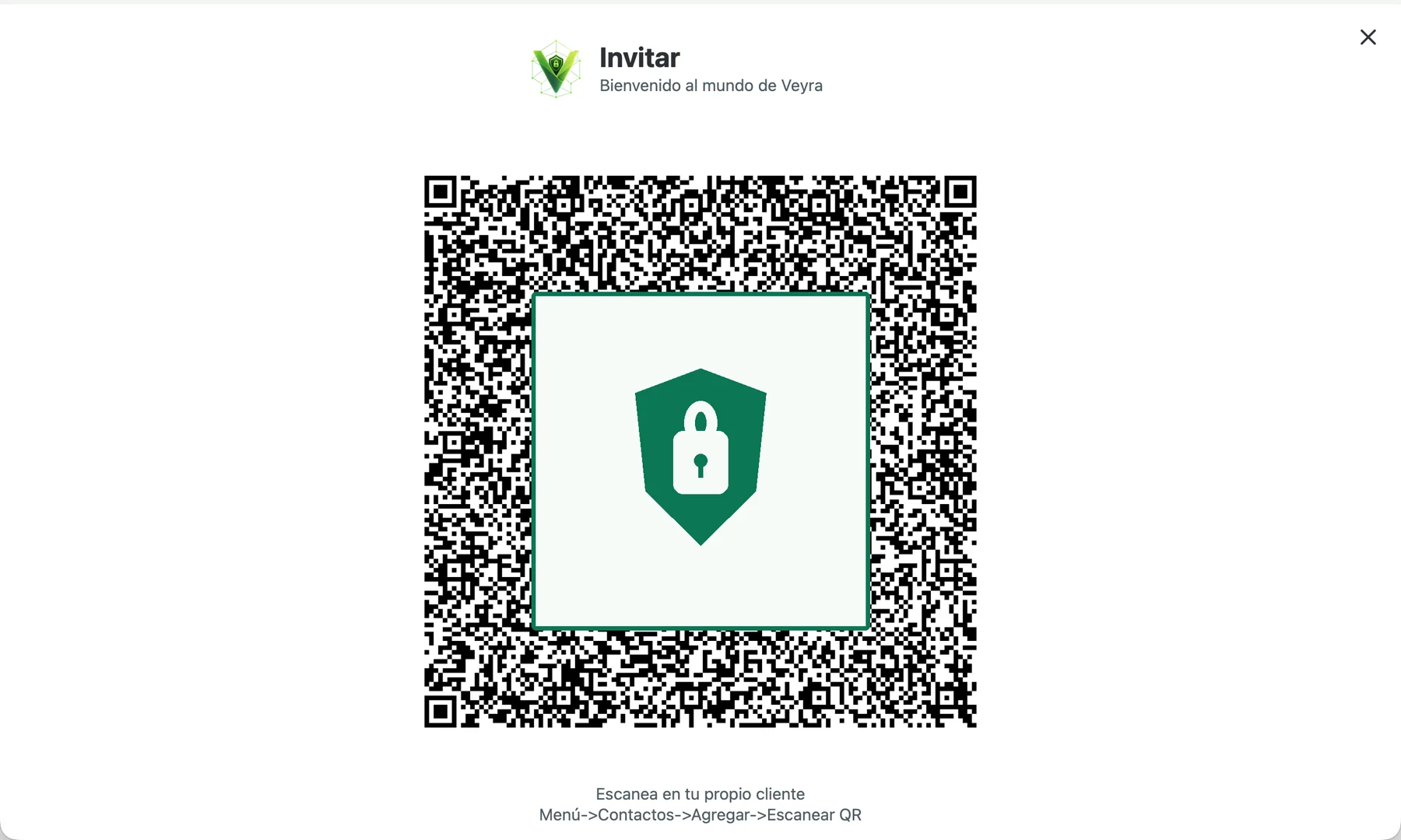 Invitación de pantalla completa de Veyra en forma de código QR con un bloque de protección sobre el código