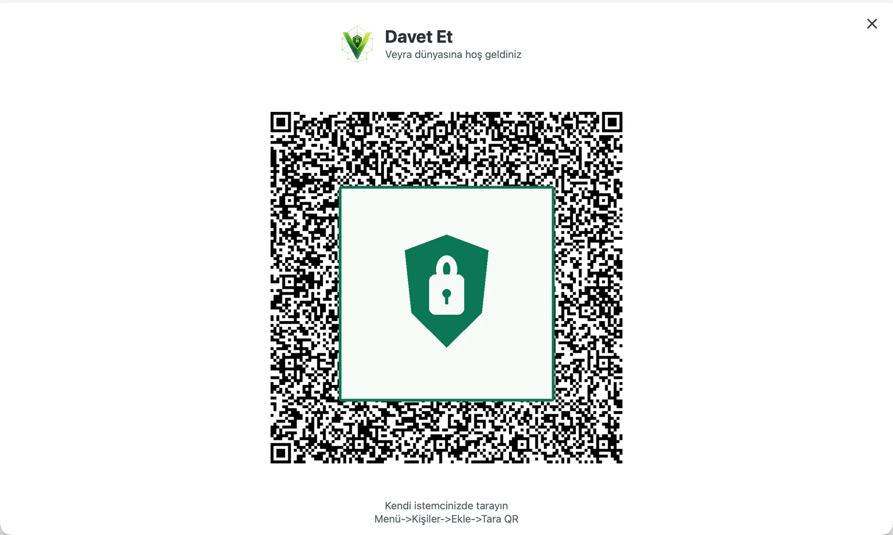 Veyra'nın kodun üstündeki koruyucu bir blokla QR kodu şeklinde tam ekranlı davet