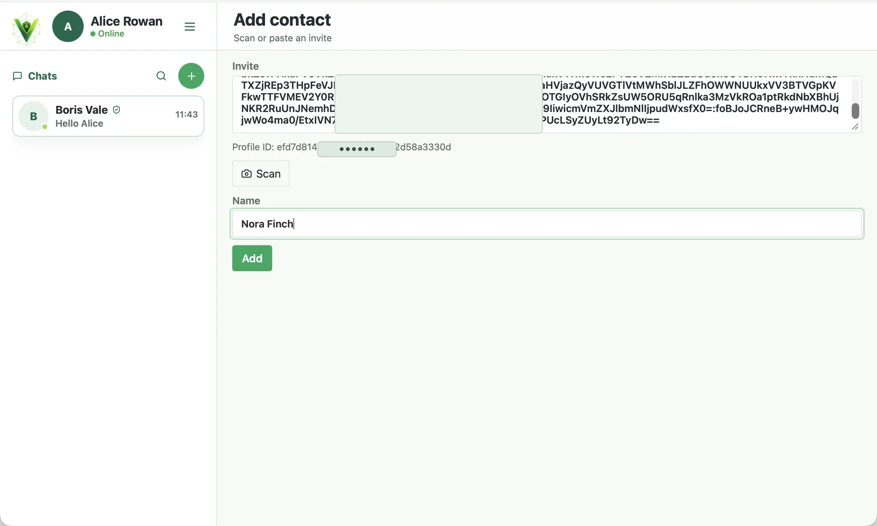 Add a Veyra contact screen with partially hidden invitation and profile ID