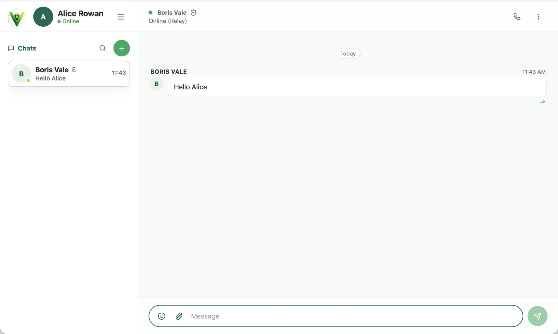 Connected Veyra chat with green status on the network and the Relay route