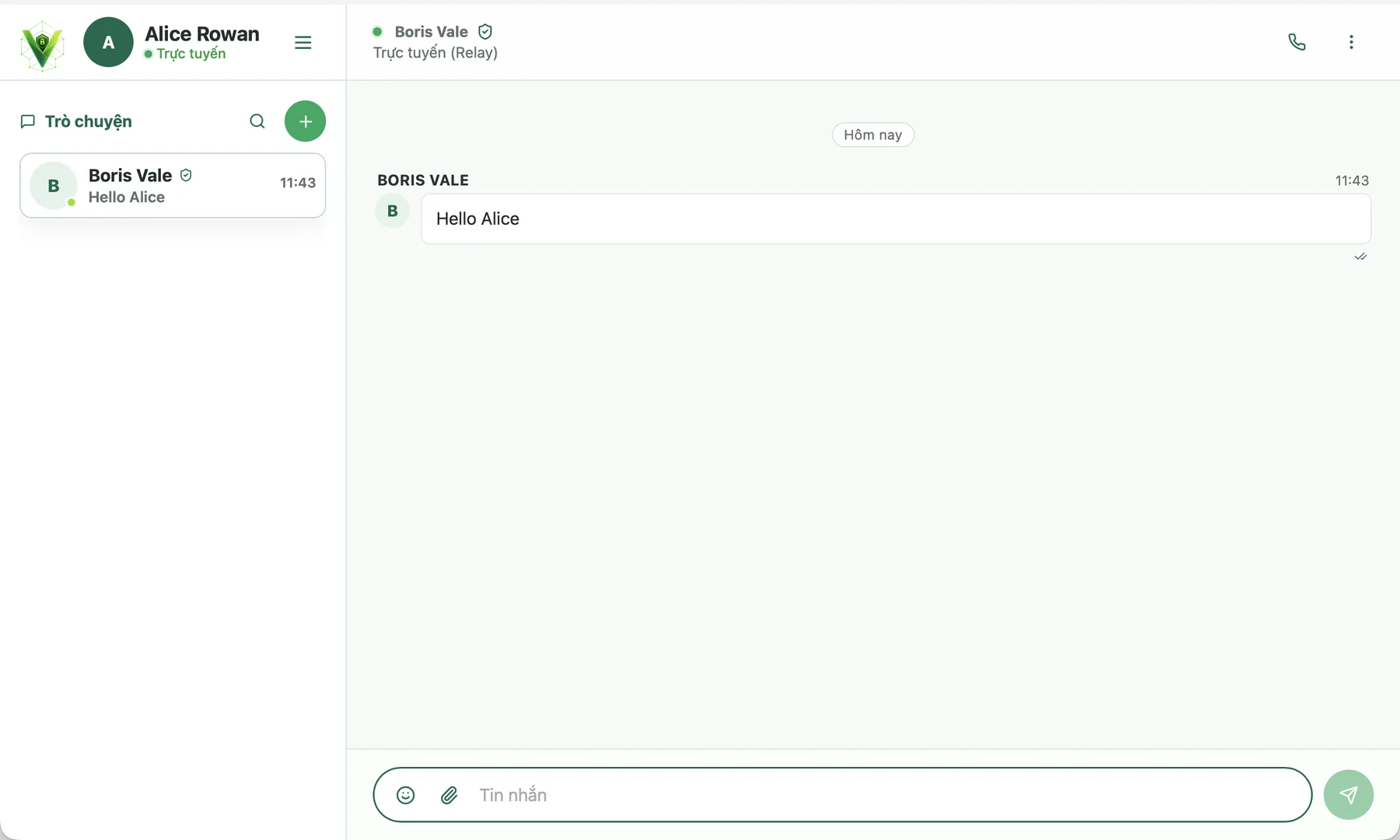 Veyra chat kết nối với trạng thái màu xanh lá cây trên mạng và đường dẫn Relay